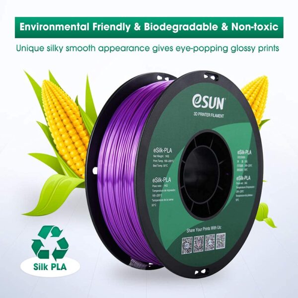 eSUN Silk PLA 3D Printer Filament, Dimensional Accuracy +/- 0.03 mm, 1 kg Spool, 1.75 mm, Purple