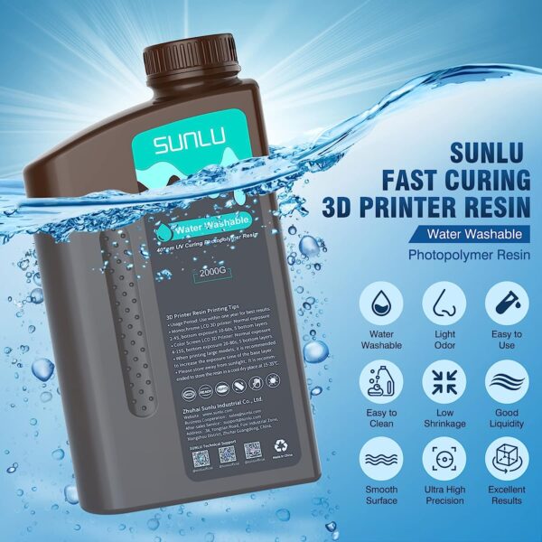 SUNLU Water Washable Resin 2000g, Fast Curing 3D Printer Resin for LCD DLP SLA Resin 3D Printers