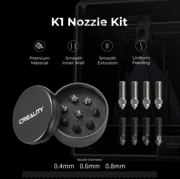Creality Hardened Steel and Nickel Plating Copper Alloy Nozzle Kit for K1, High Speed and High Flow 0.4, 0.6, 0.8mm Nozzles Kit for Creality K1, K1 Max, CR-M4